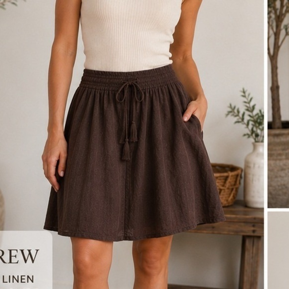 J.Crew Brown Linen Midi Skirt Women's Small 4-6 Elastic Waist Boho Cottagecore